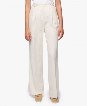 Beige Brooks Brothers Linen Pleated Wide Leg Women Casual Pants | DKA-851274