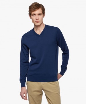 Blue Brooks Brothers Cotton V-Neck Men Sweaters | MWJ-349517