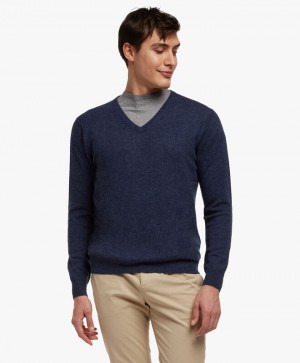 Blue Brooks Brothers Wool and Cashmere V-Neck Men Sweaters | OYD-921703