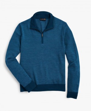 Dark Turquoise / Blue Brooks Brothers Washable Merino Wool Bird's-Eye Half-Zip Men Sweaters | IPT-421037