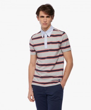 Grey / Black / Red Brooks Brothers Rugby Stripe Pique Men Polo | MBC-397215