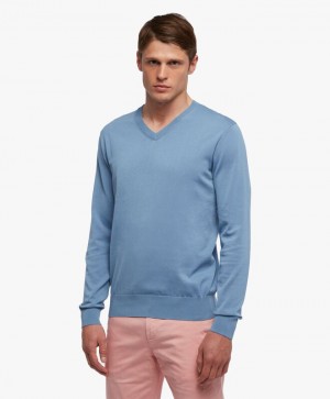 Light Blue Brooks Brothers Cotton V-Neck Men Sweaters | KNH-520486