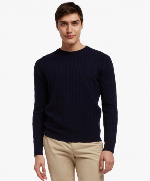 Navy Brooks Brothers Cable-Knit Crew-Neck Men Sweaters | CXG-051987