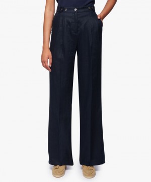 Navy Brooks Brothers Linen Pleated Wide Leg Women Casual Pants | KRP-862379