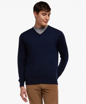 Navy Brooks Brothers Merino Wool V-Neck Men Sweaters | CXI-249876