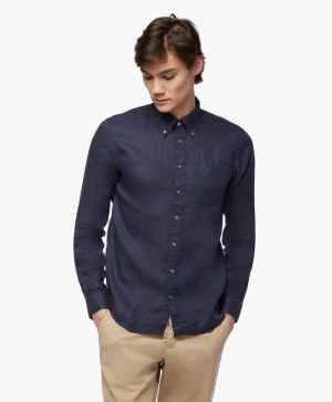 Navy Brooks Brothers Milano Slim-fit Irish Linen Men Shirts | TYF-964570