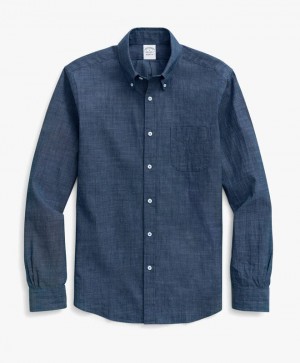 Navy Brooks Brothers Regent Regular-fit, Chambray, Button-Down Collar Men Shirts | CFW-780541