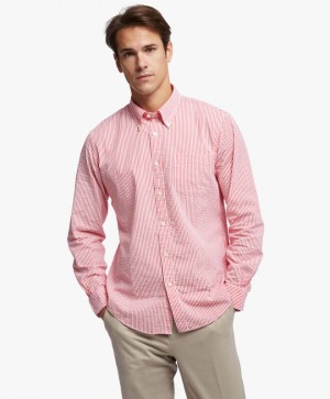 Red Brooks Brothers Regent Regular-fit, Seersucker Stretch, Button-Down Collar Men Shirts | ONM-243706