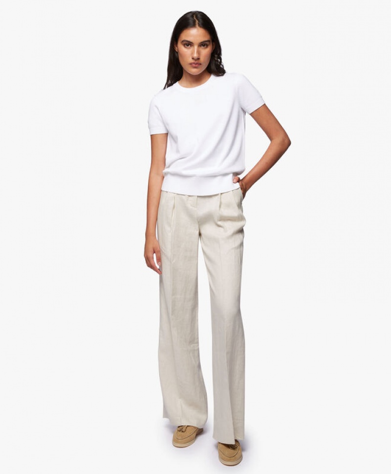 Beige Brooks Brothers Linen Pleated Wide Leg Women Casual Pants | DKA-851274