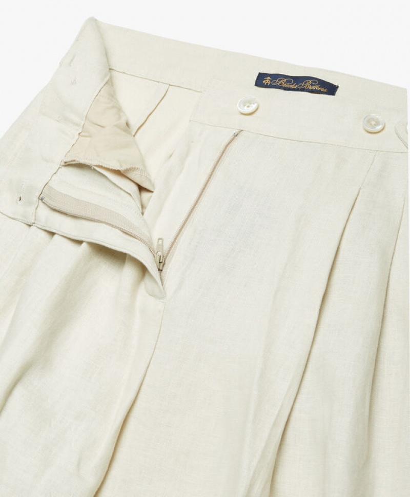 Beige Brooks Brothers Linen Pleated Wide Leg Women Casual Pants | DKA-851274