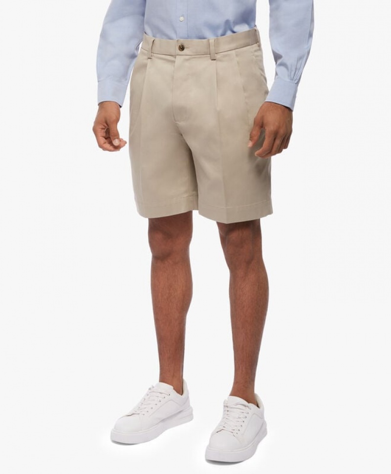 Beige / Khaki Brooks Brothers Stretch Pleat Front Men Shorts | ZXV-019628