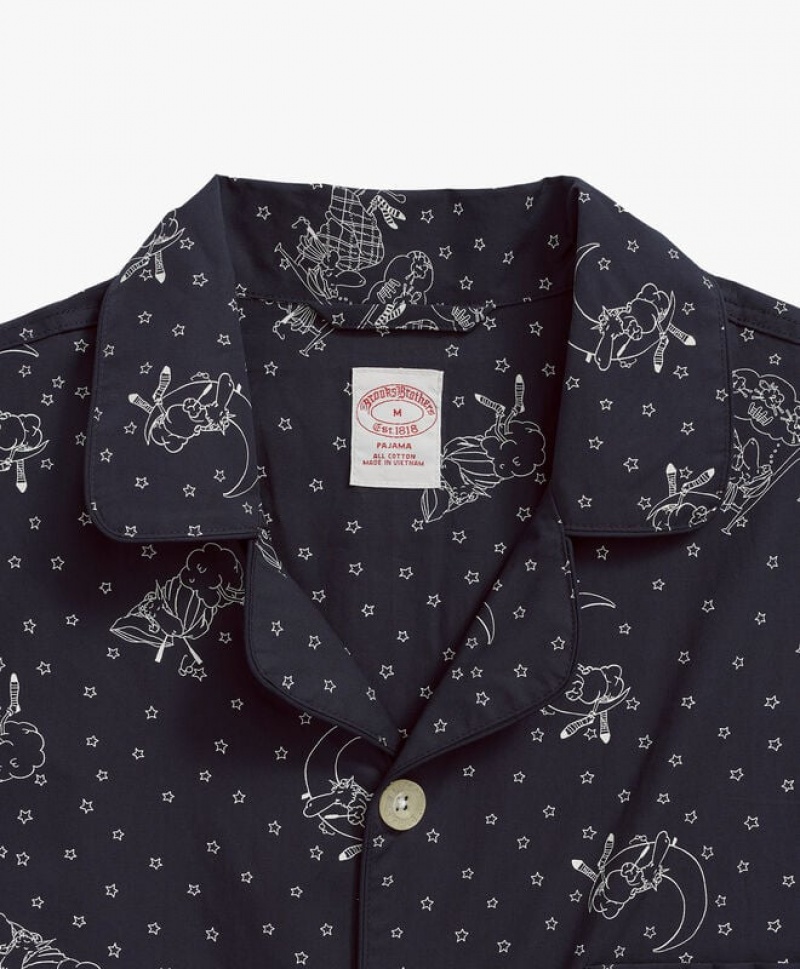 Black Brooks Brothers Cotton Poplin Henry Print Men Nightwear | YQW-781604