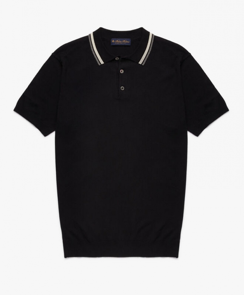 Black Brooks Brothers Linen and Cotton Men Polo | CUG-075294