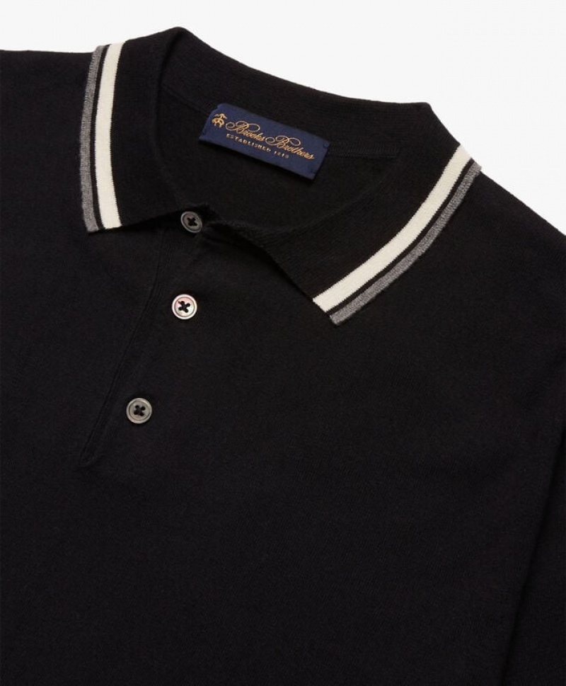 Black Brooks Brothers Linen and Cotton Men Polo | CUG-075294