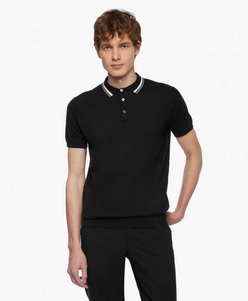 Black Brooks Brothers Linen and Cotton Men Polo | CUG-075294