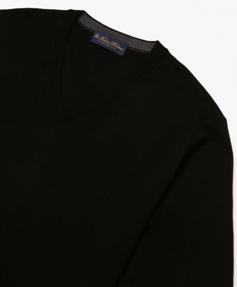 Black Brooks Brothers Merino Wool V-Neck Men Sweaters | YXI-638704