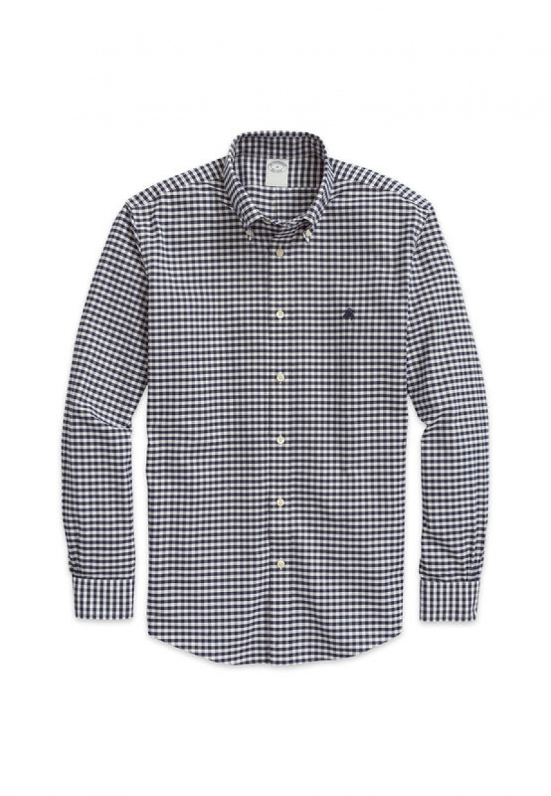 Black / White / Grey Brooks Brothers Stretch Non-Iron Oxford Button-Down Collar, Gingham Men Shirts | WBA-136794