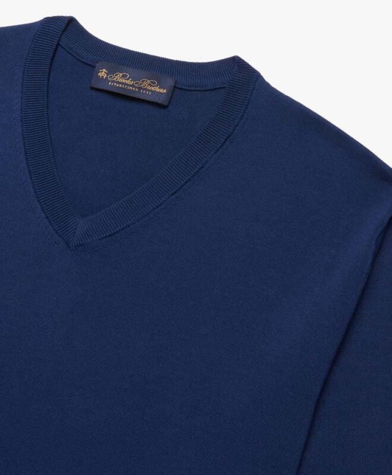 Blue Brooks Brothers Cotton V-Neck Men Sweaters | MWJ-349517