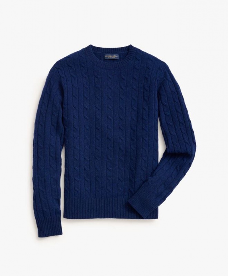 Blue Brooks Brothers Lambswool Cable Crewneck Knit Men Sweaters | QSE-765431