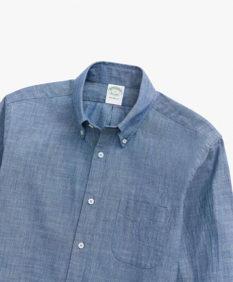 Blue Brooks Brothers Milano Slim-fit, Chambray, Button-Down Collar Men Shirts | PFC-416728