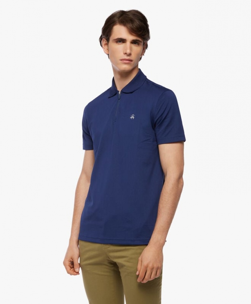 Blue Brooks Brothers Performance Zip Men Polo | GLB-025894