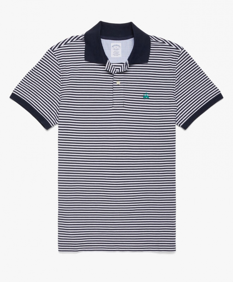 Blue Brooks Brothers Pique Striped Slim Fit Men Polo | IDJ-824195