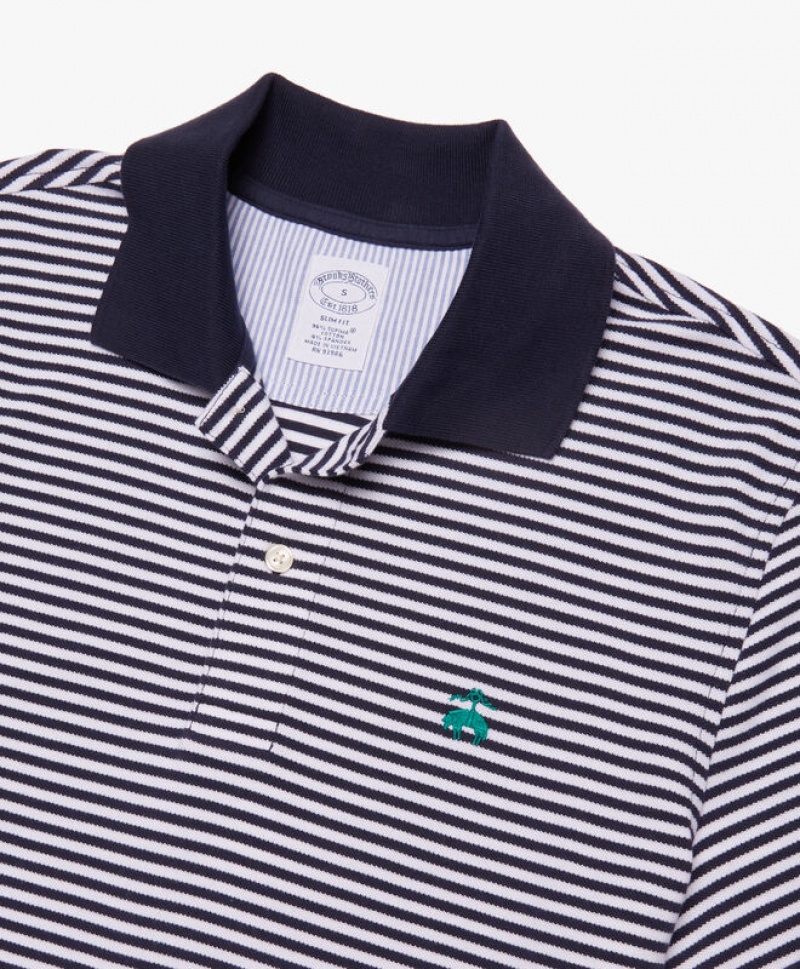 Blue Brooks Brothers Pique Striped Slim Fit Men Polo | IDJ-824195