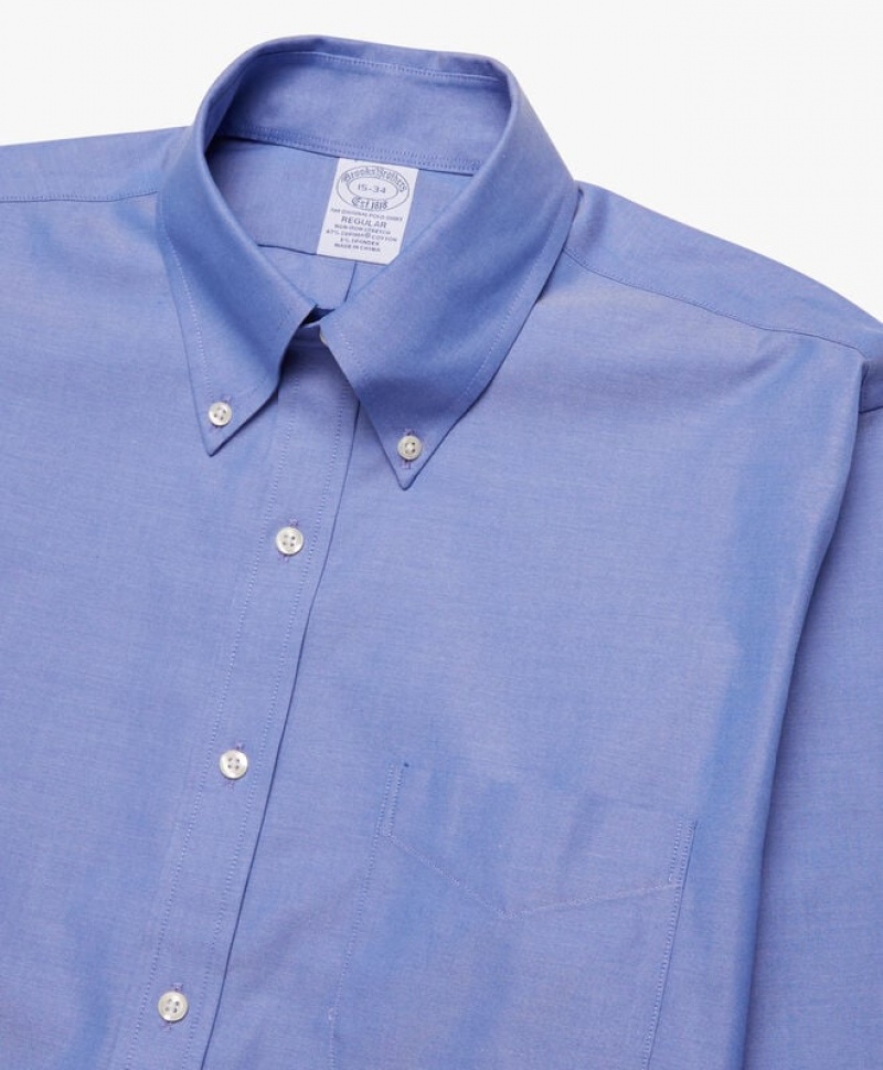 Blue Brooks Brothers Regular Fit Blue Non-Iron Pinpoint Button Down Men Shirts | ENX-706329