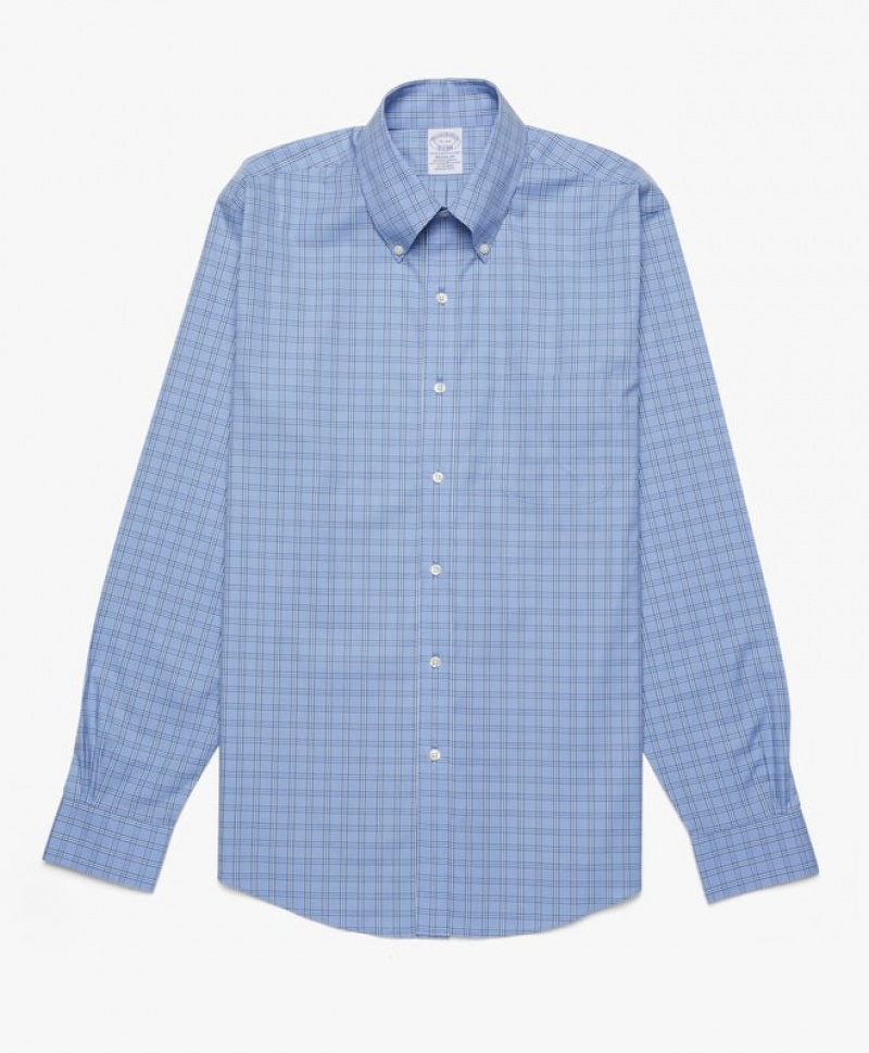 Blue Brooks Brothers Regular Fit Open Blue Non-Iron Pinpoint Button Down Men Shirts | DOZ-458610