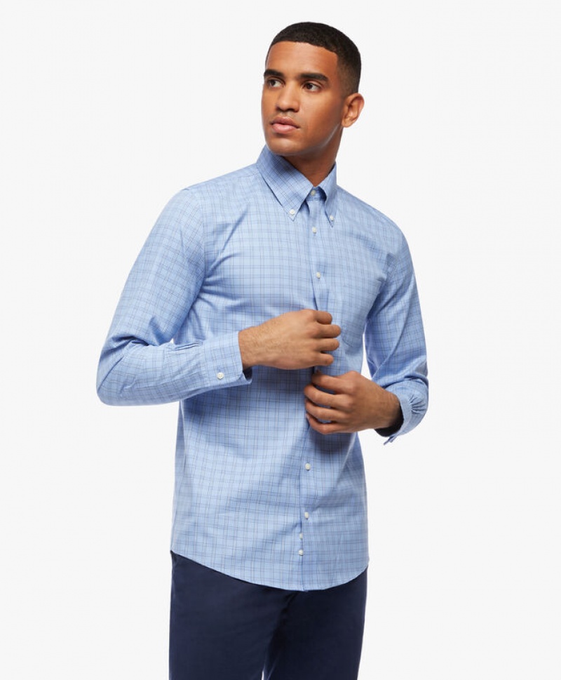 Blue Brooks Brothers Slim Fit Open Blue Non Iron Pinpoint Button Down Men Shirts | QRO-257891