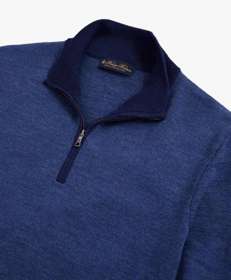 Blue Brooks Brothers Washable Merino Wool Bird's-Eye Half-Zip Men Sweaters | JIL-270684