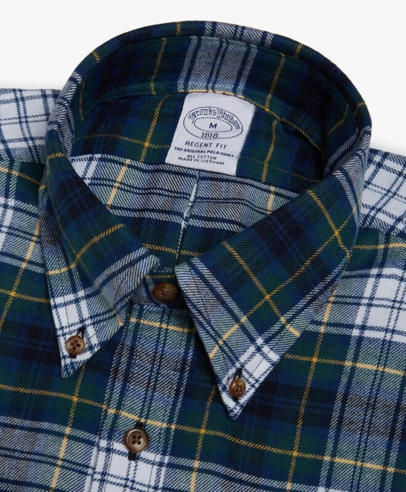 Blue / Dark Green Brooks Brothers Regent Regular-fit, Flannel, Button-Down Collar Men Shirts | MGL-964701