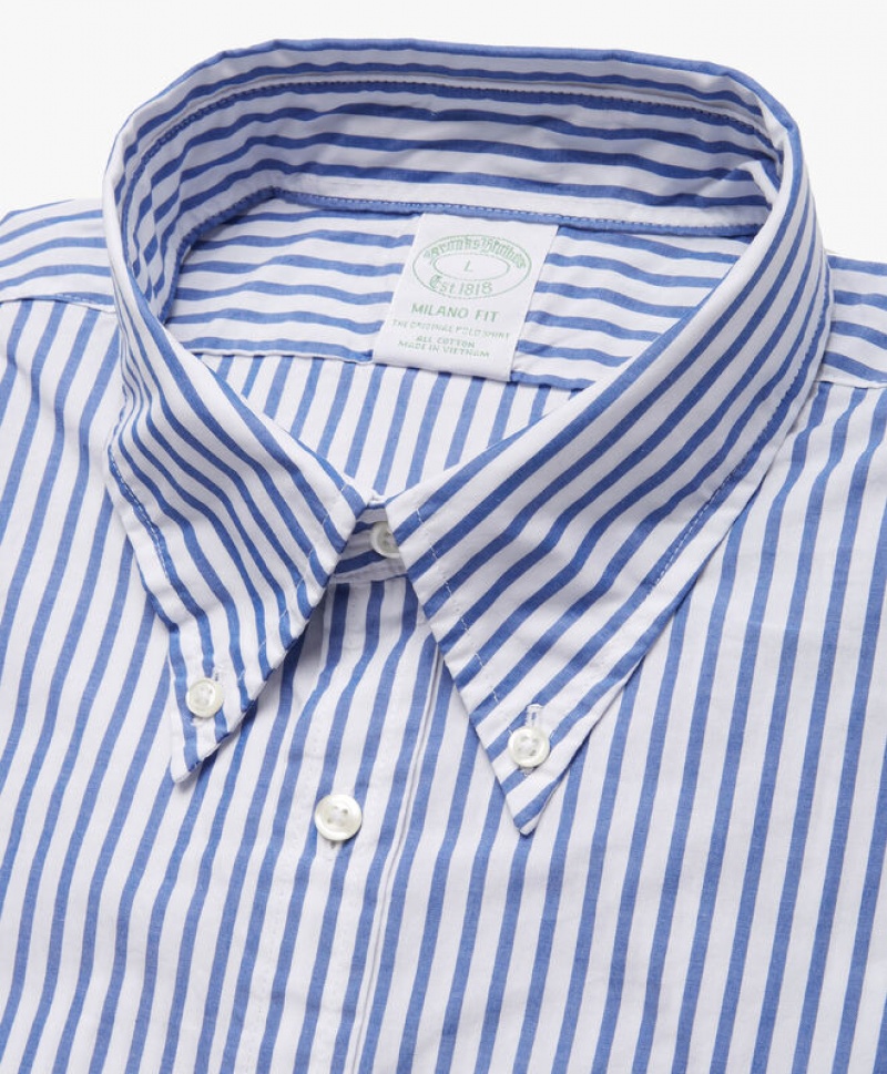 Blue / White Brooks Brothers Milano Slim-fit, Broadcloth, Button-Down Collar Men Shirts | RXA-947625