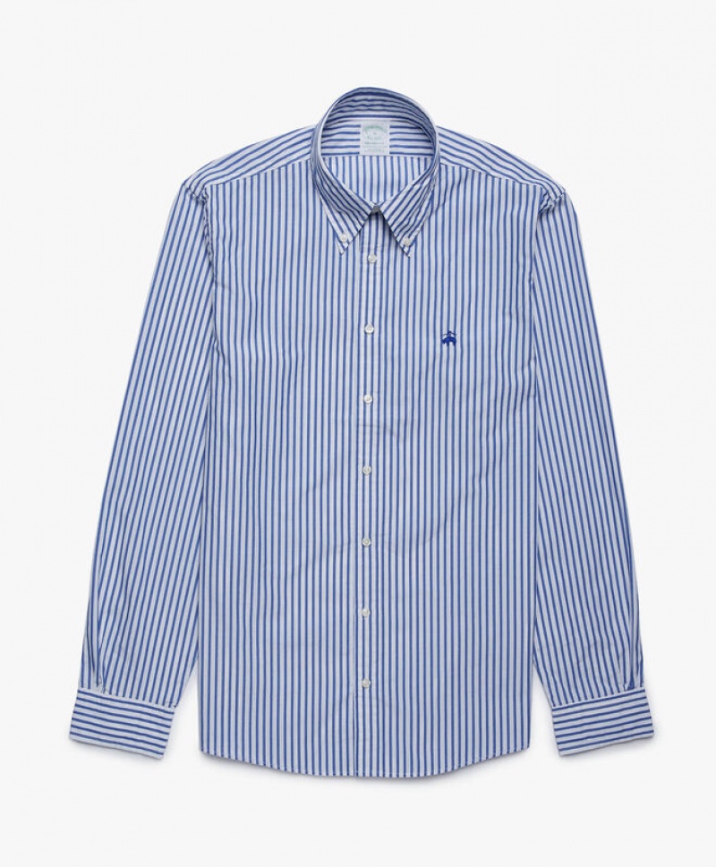 Blue / White Brooks Brothers Milano Slim-fit, Broadcloth, Button-Down Collar Men Shirts | RXA-947625