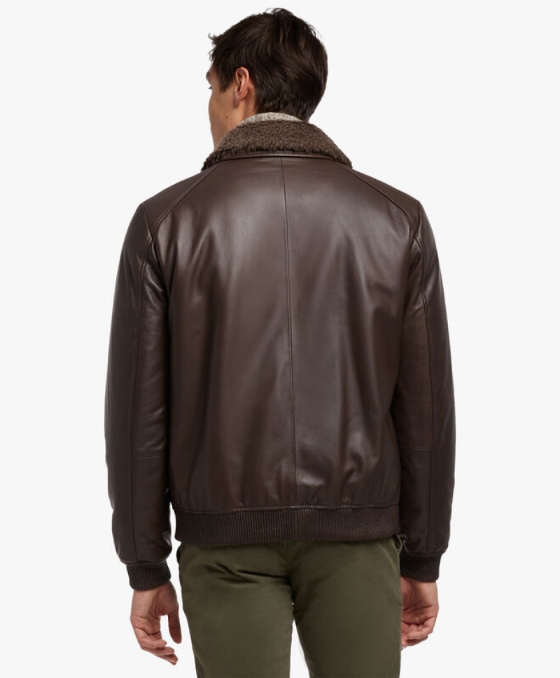 Burgundy Brooks Brothers Leather Bomber Men Jackets | SFL-513286