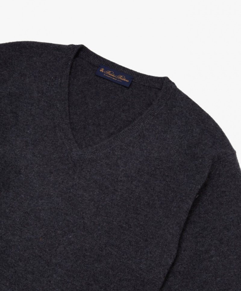 Dark Grey Brooks Brothers Cashmere V-Neck Men Sweaters | AEB-268153