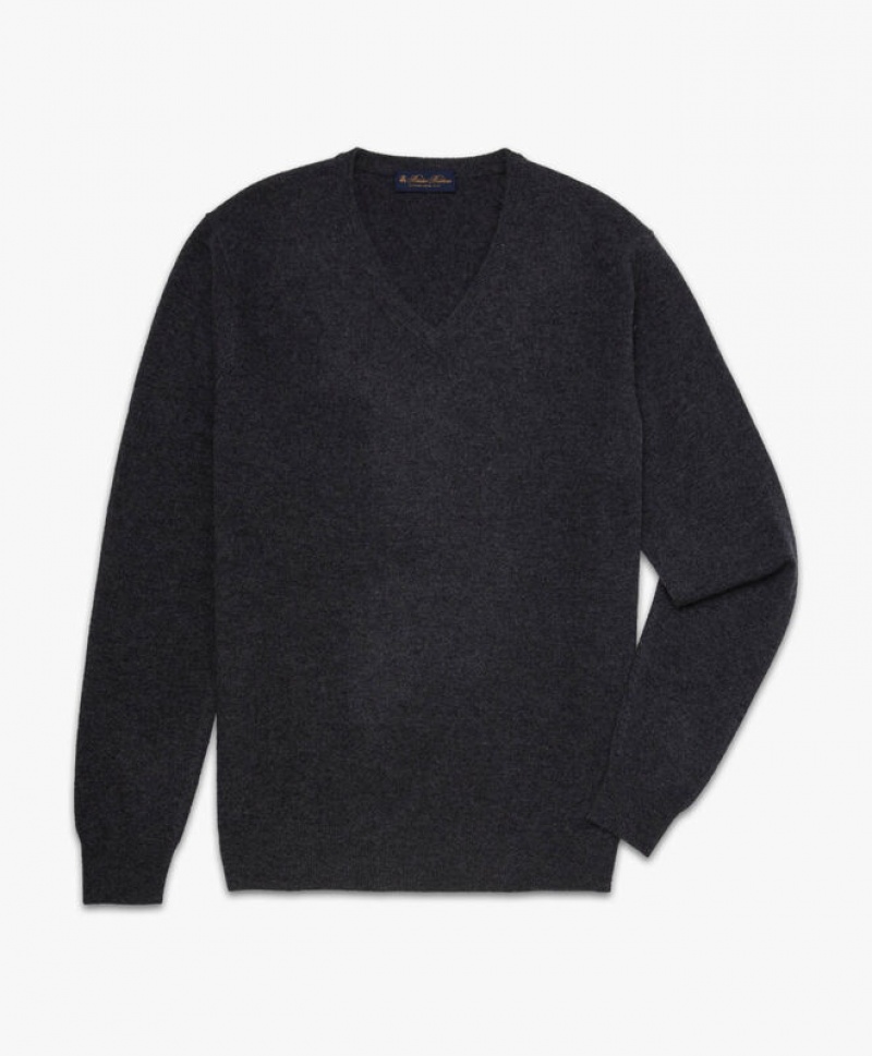 Dark Grey Brooks Brothers Cashmere V-Neck Men Sweaters | AEB-268153