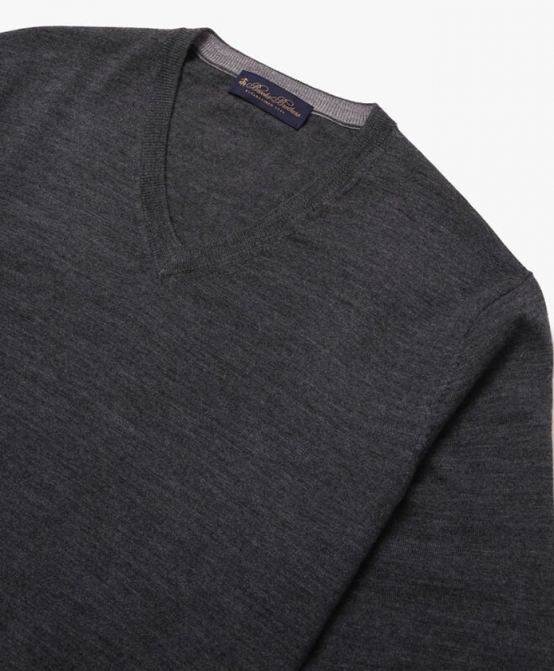 Dark Grey Brooks Brothers Merino Wool V-Neck Men Sweaters | PIH-540893