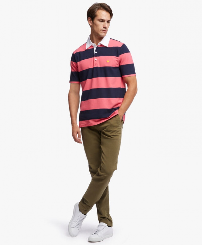 Dark Pink / Navy Brooks Brothers Slim-fit Rugby Stripe Stretch Pique Men Polo | PQO-091752