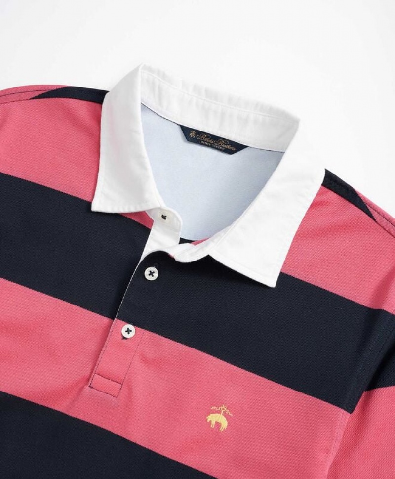 Dark Pink / Navy Brooks Brothers Slim-fit Rugby Stripe Stretch Pique Men Polo | PQO-091752