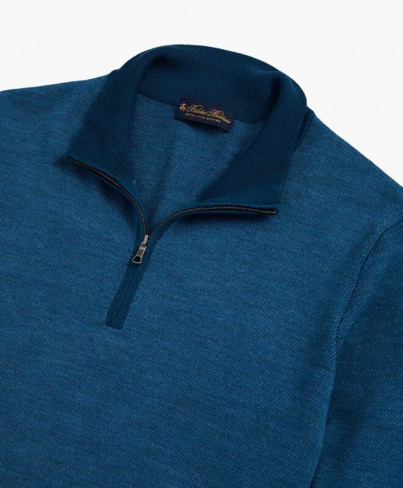 Dark Turquoise / Blue Brooks Brothers Washable Merino Wool Bird's-Eye Half-Zip Men Sweaters | IPT-421037