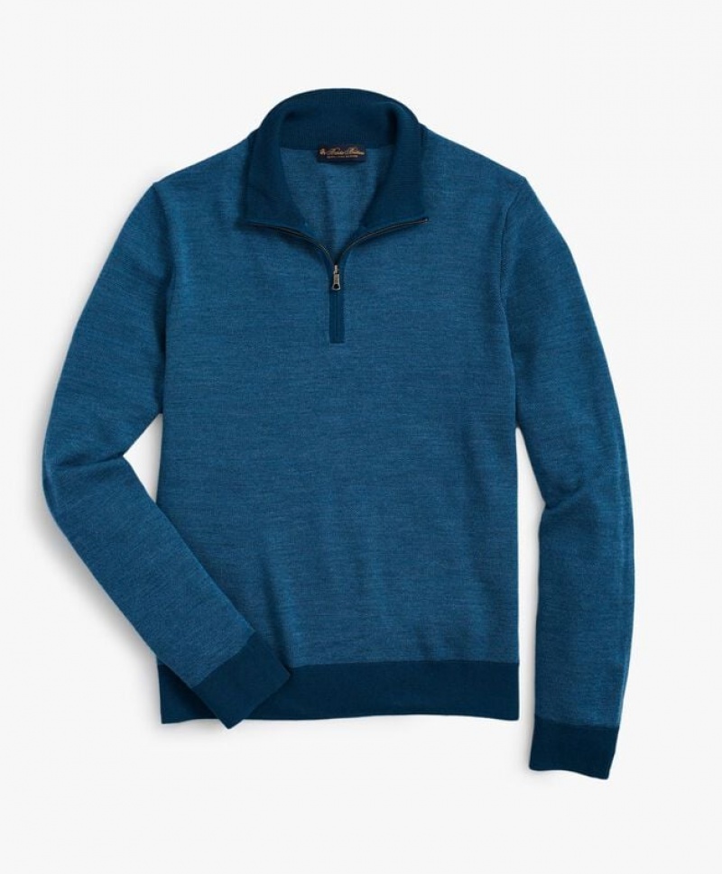 Dark Turquoise / Blue Brooks Brothers Washable Merino Wool Bird\'s-Eye Half-Zip Men Sweaters | IPT-421037