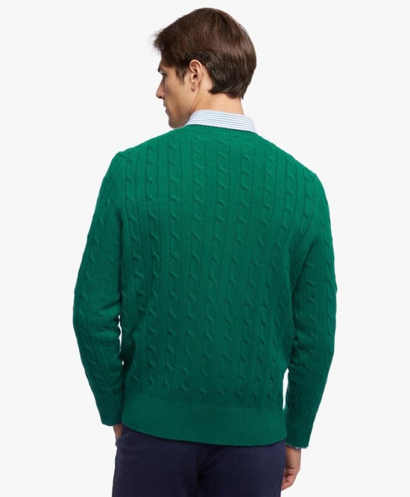 Dark Turquoise / Green Brooks Brothers Lambswool Cable Crewneck Knit Men Sweaters | QEY-250496