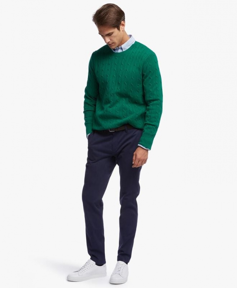 Dark Turquoise / Green Brooks Brothers Lambswool Cable Crewneck Knit Men Sweaters | QEY-250496