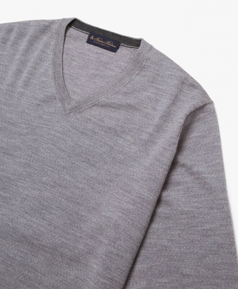 Grey Brooks Brothers Merino Wool V-Neck Men Sweaters | HUR-026157