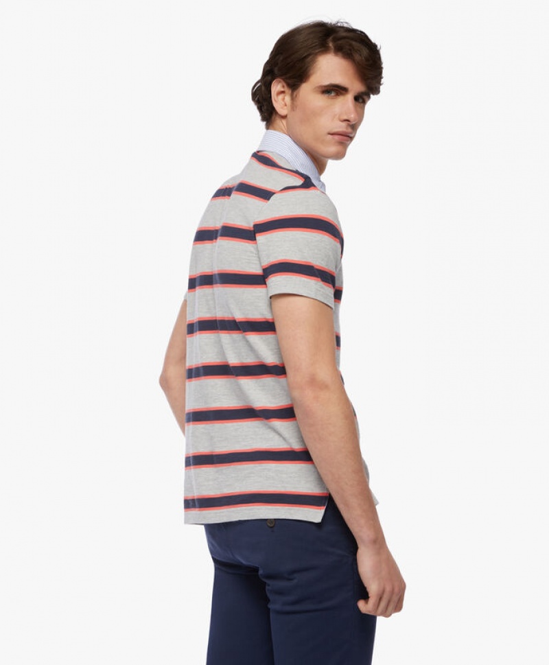 Grey / Black / Red Brooks Brothers Rugby Stripe Pique Men Polo | MBC-397215