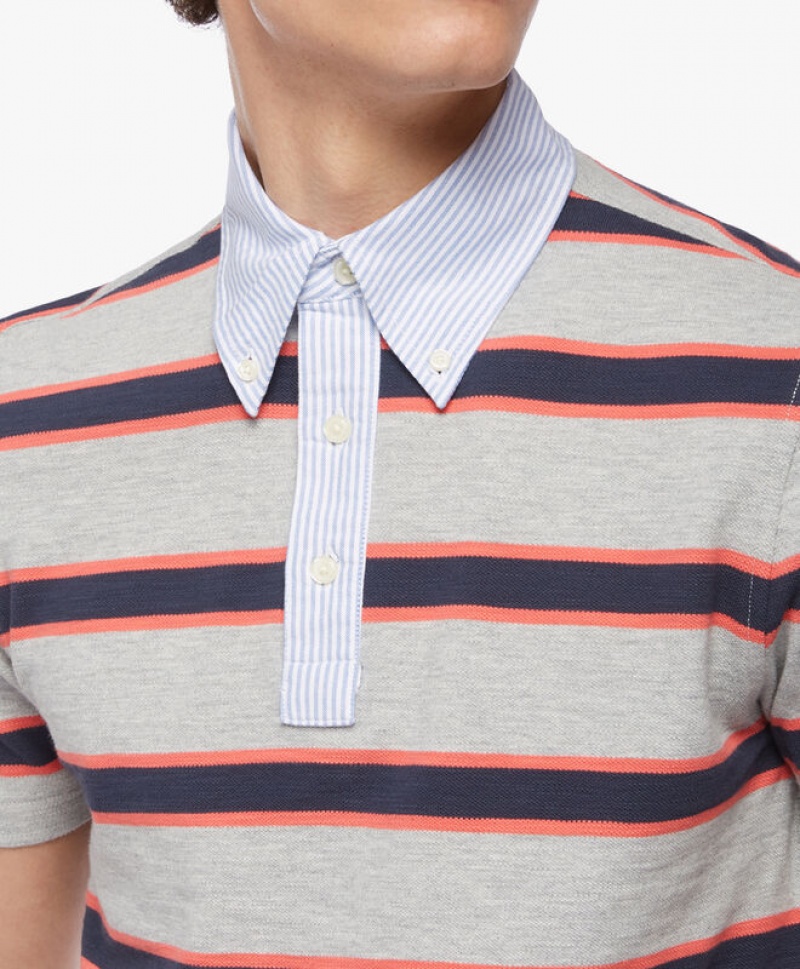 Grey / Black / Red Brooks Brothers Rugby Stripe Pique Men Polo | MBC-397215