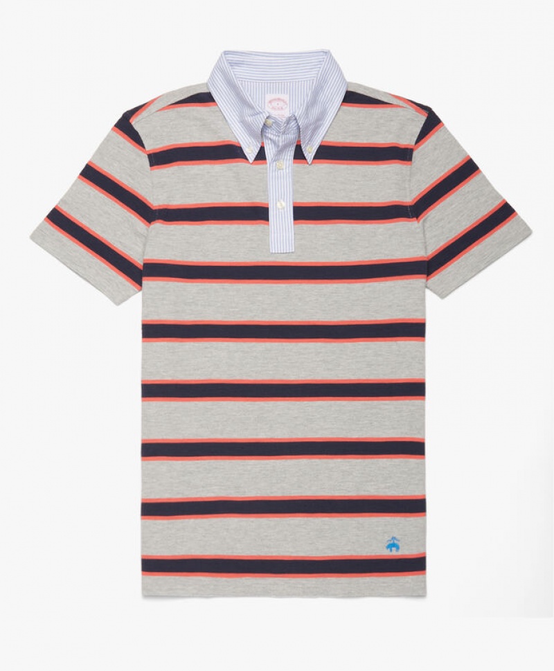 Grey / Black / Red Brooks Brothers Rugby Stripe Pique Men Polo | MBC-397215