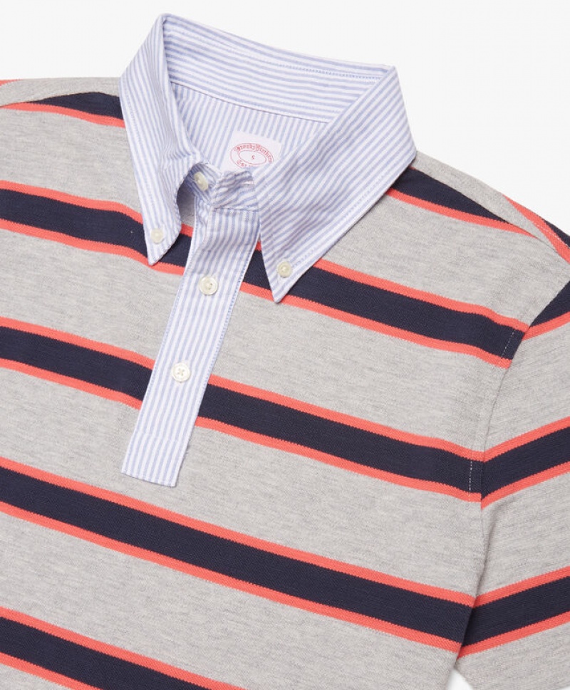 Grey / Black / Red Brooks Brothers Rugby Stripe Pique Men Polo | MBC-397215