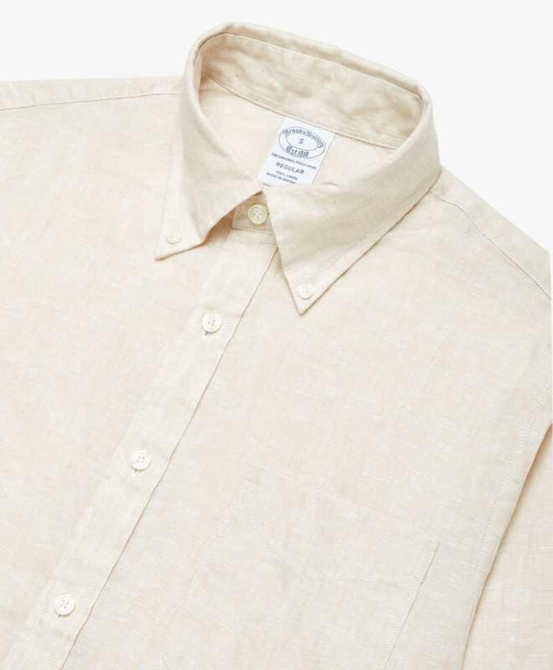 Light Beige Brooks Brothers Regent regular fit Irish Linen Men Shirts | DHX-169203